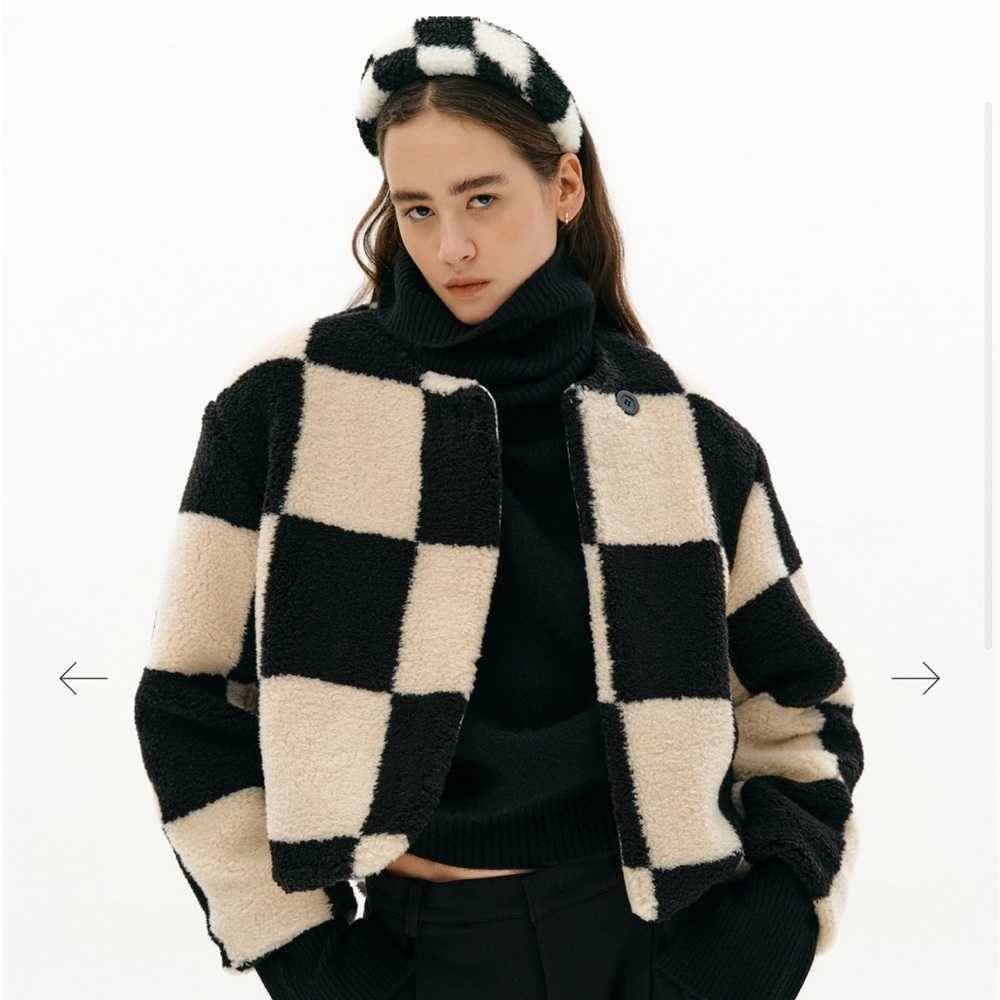 Collarless Checked Shearling Jacket, Black - image 1